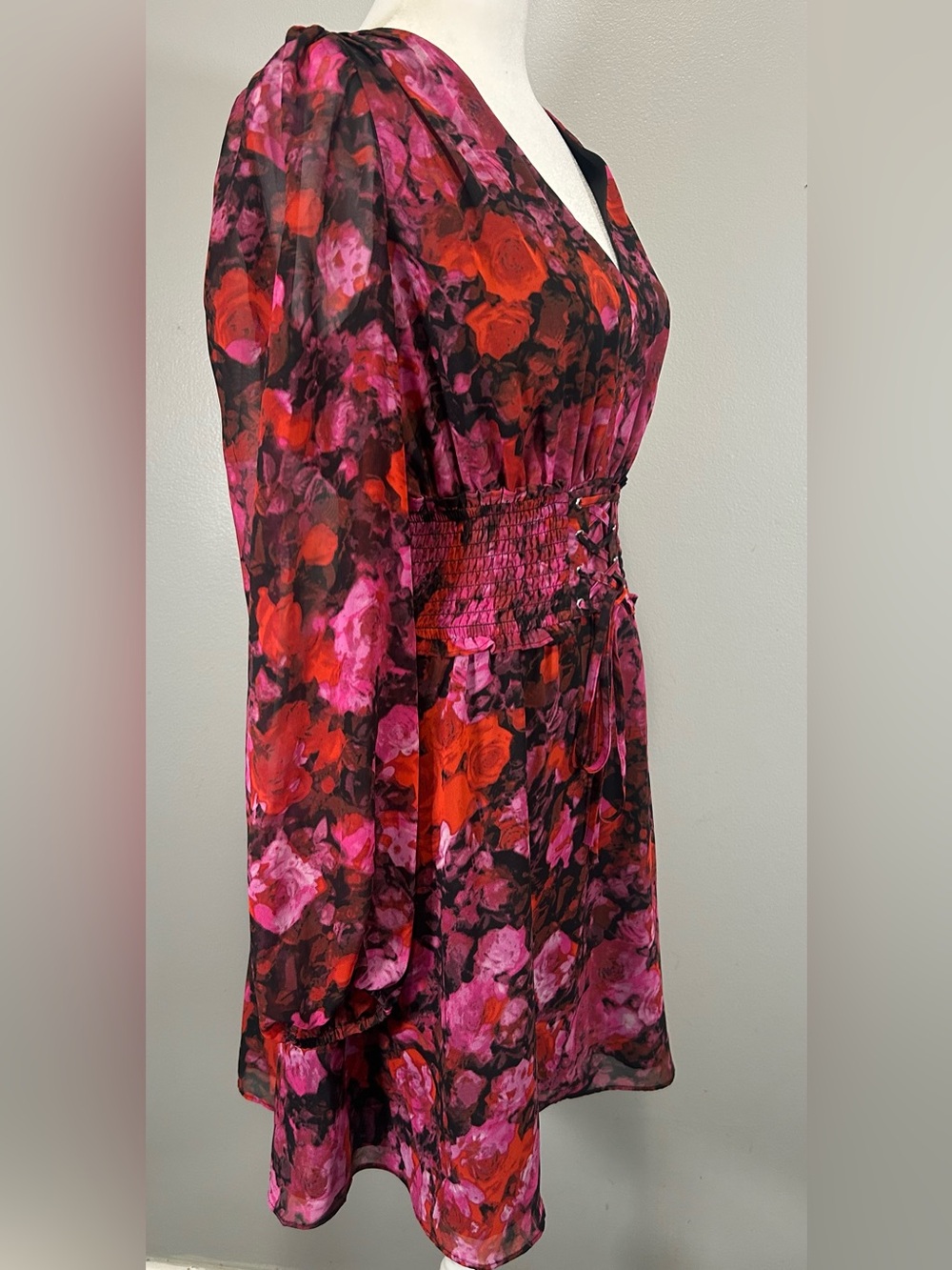 Steve Madden Diana mini dress rose floral Corset Style Lace-Up Waist long sleeve - Picture 5 of 10